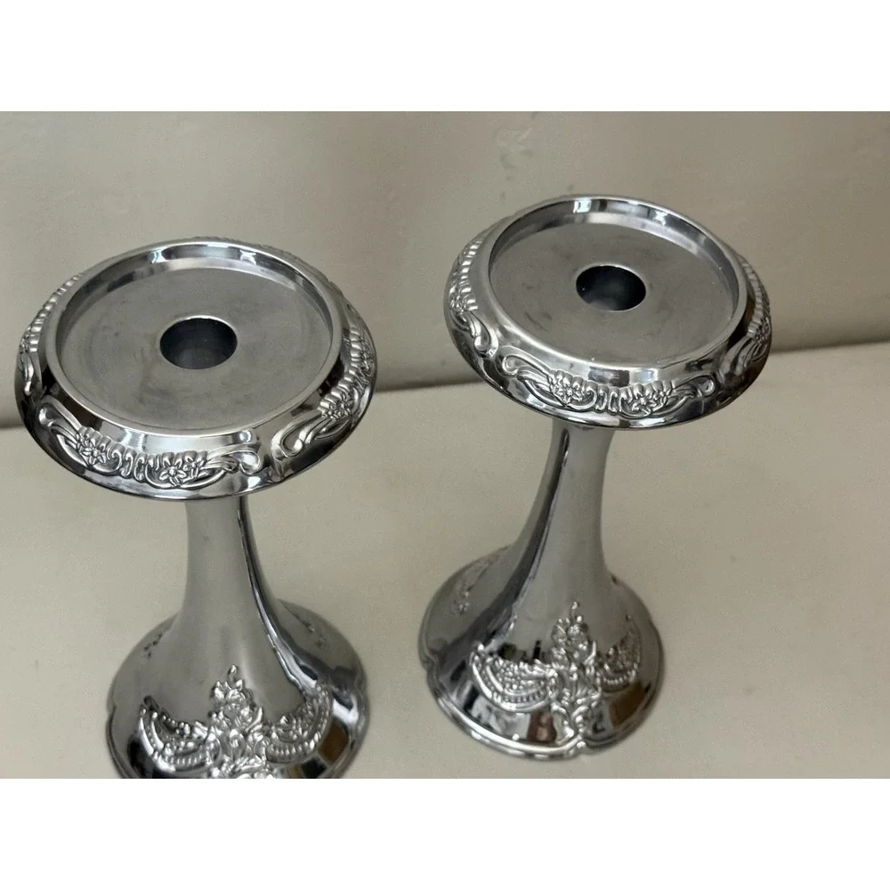 Vintage Baroque Style Cast Aluminum‎ Pillar Taper Embossed Candlesticks Pair